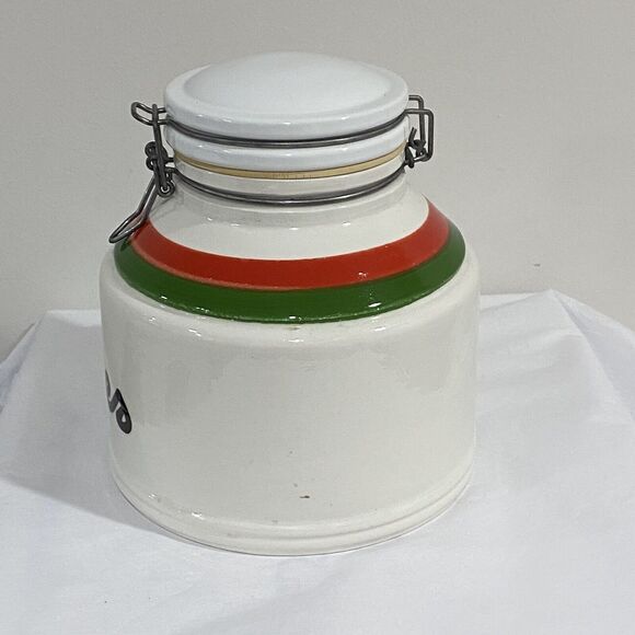 Vintage 1970s Line Cookie Jar by Massimo Baldelli Italia White Red Green Ceramic - Picture 4 of 9